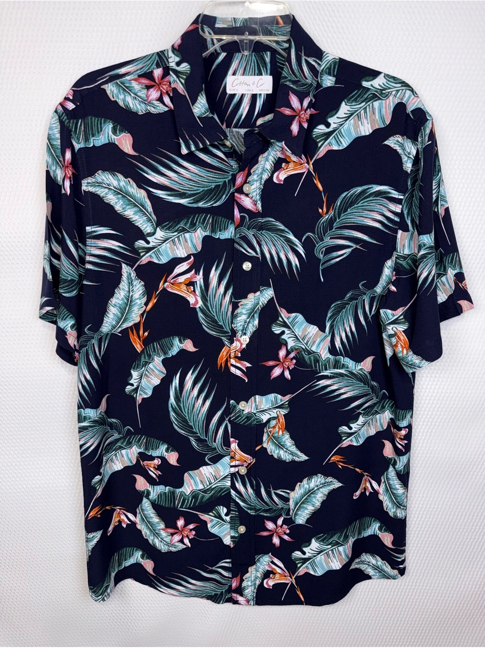 Cotton & Co Men’s Tropical Hawaiian Shirt Size S Navy Floral 100% Viscose